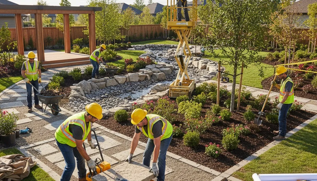 Tree service crew planning landscape design in Buffalo, NY for a residential property