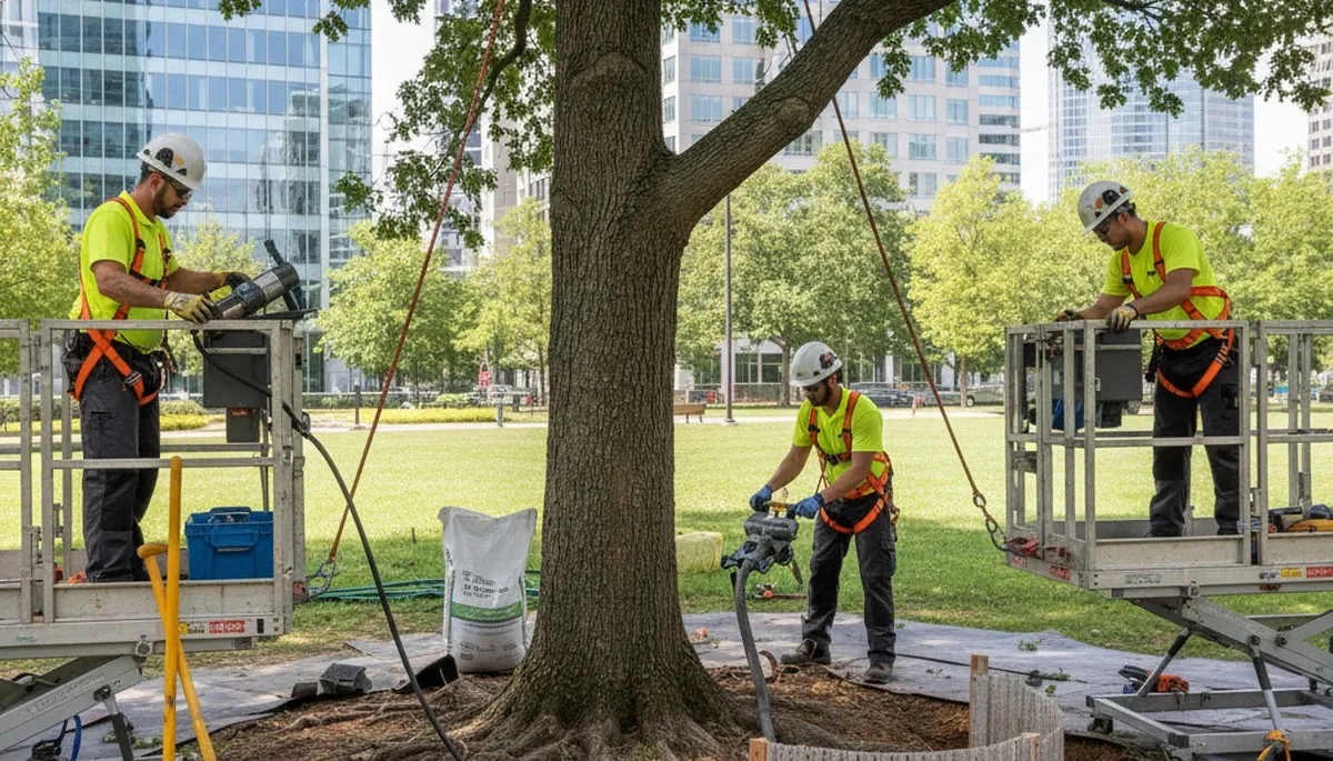Buffalo, NY tree service crew providing root protection for residential properties