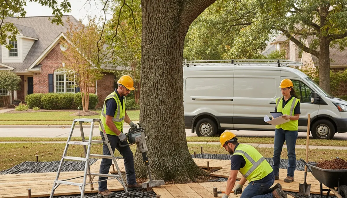 Tree service crew protecting roots in Buffalo, NY for healthy trees and property safety