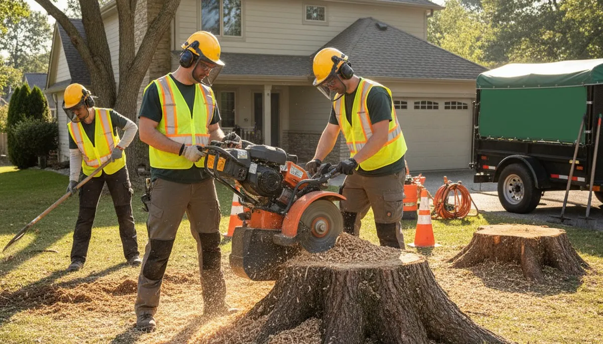 Stump removal service in Buffalo, NY clearing an old tree stump from a residential yard