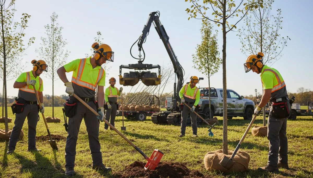 Buffalo, NY arborist planting a new tree for a residential landscape service